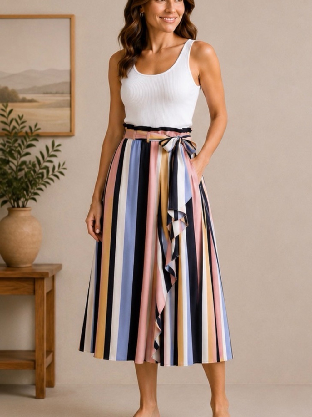 Striped High-Waist Midi Skirt with Tie Belt  “The Grace in Motion Collection”